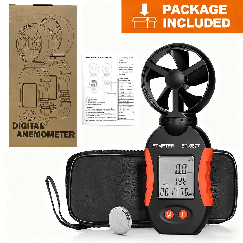  Portable Digital Anemometer, BT-5877 Orange Wind Foliage, Speed Detection Range Mph 1~65, For Meteorological Monitoring