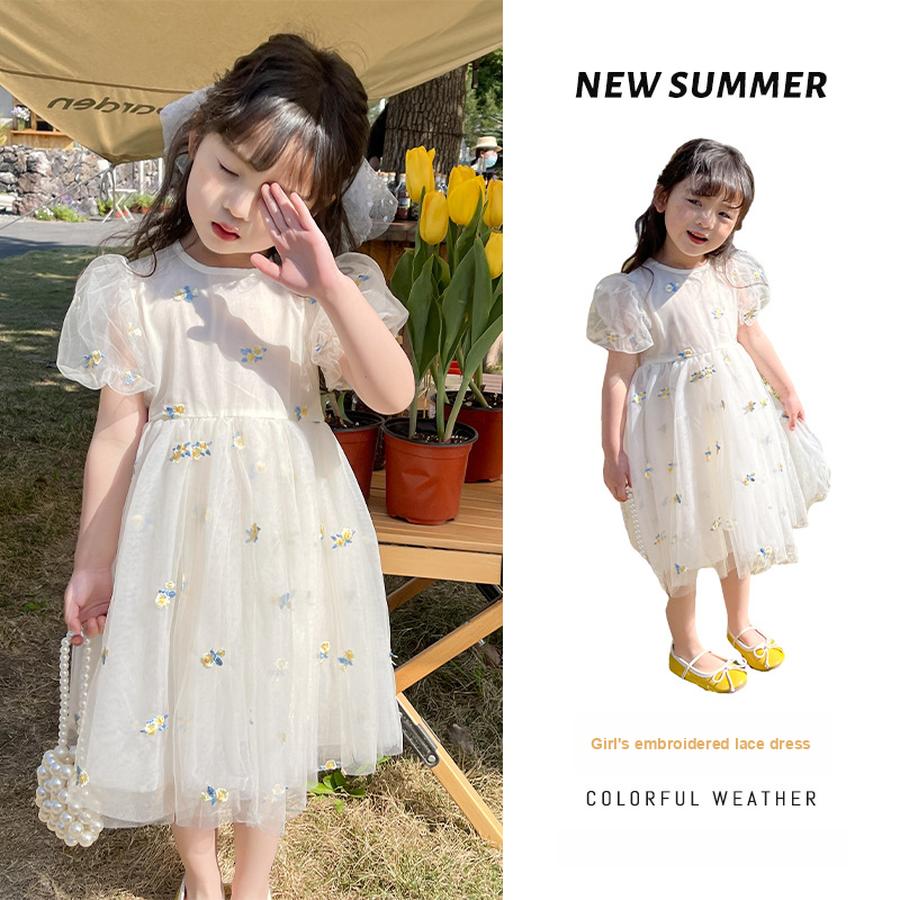Girls Summer Embroidered Floral Cute Dress Girls Korean Style Princess Puff Net Lace Princess Dress