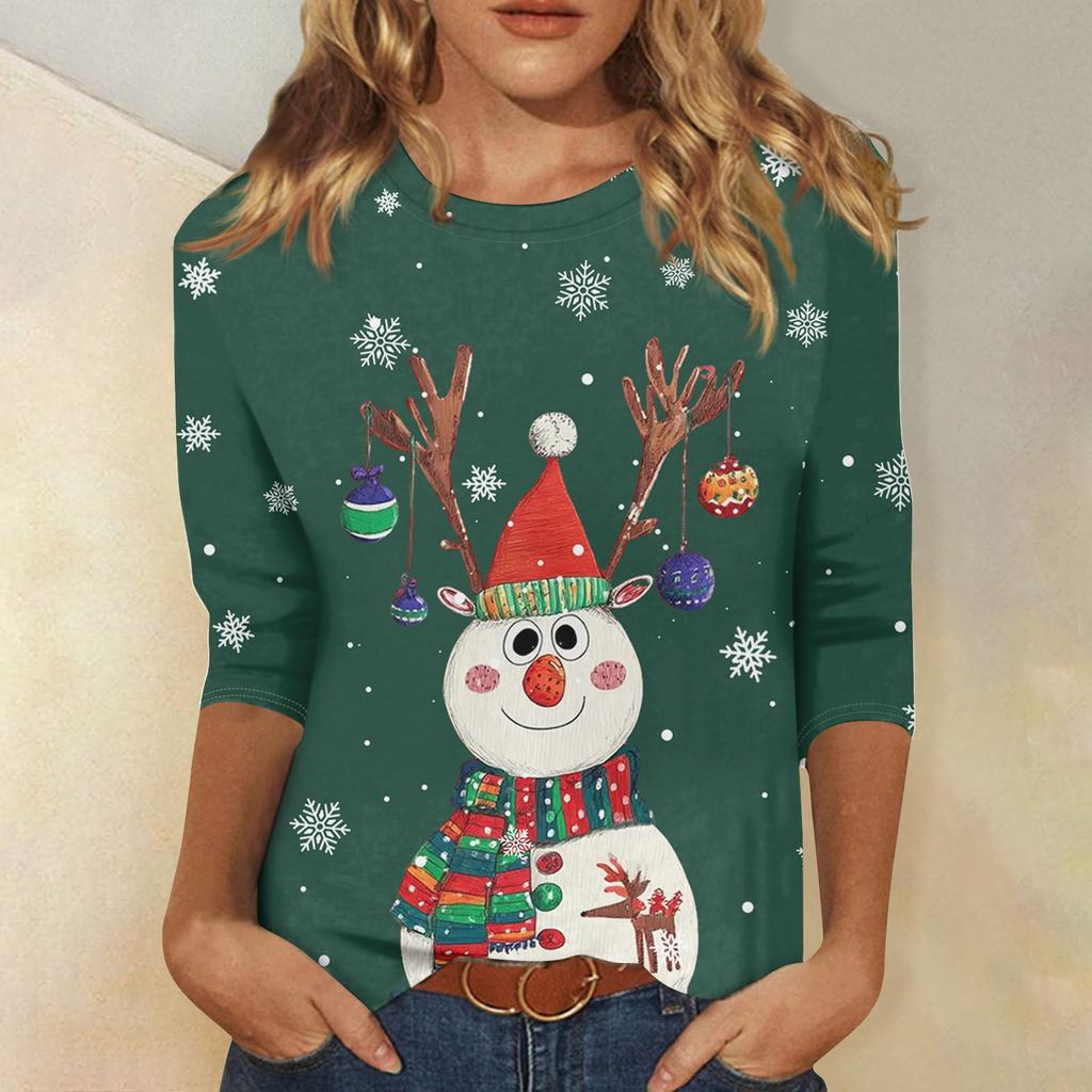 3/4 Sleeve Shirts For Women Print Christmas Tees Blouses Casual Plus Size Basic Tops Pullover