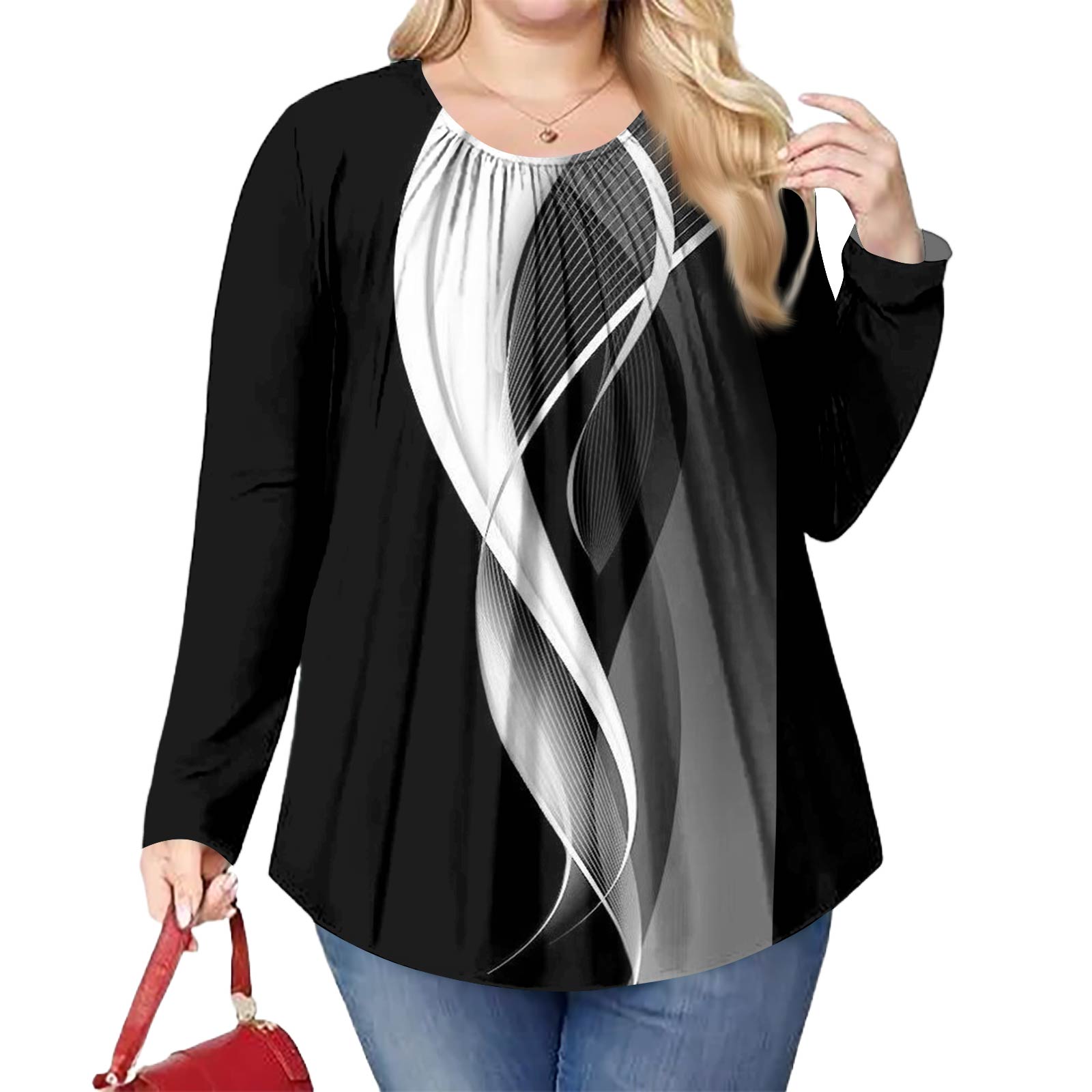 

Женский модный топ большого размера с принтом, повседневный плиссированный, с круглым вырезом и длинными рукавами XXXXL чёрный