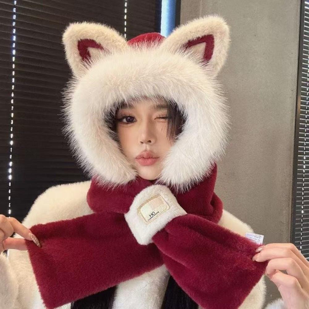 Windproof Hat Scarf Keep Warm Winter Plush Scarf Fox Ears Hooded Scarf for Women Autumn Winter
