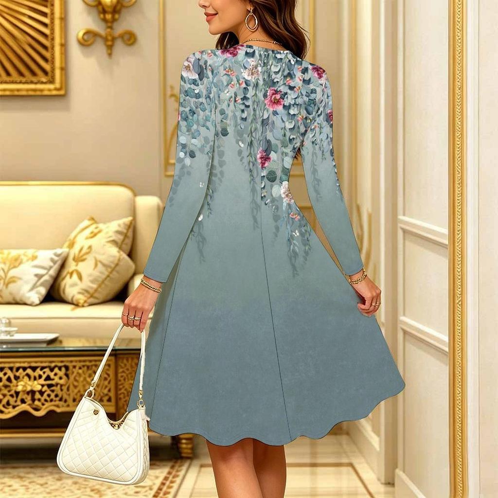 Women Long Sleeve Round Neck Midi Dress Abstract Brush Stroke Floral Print Flared Casual Dress