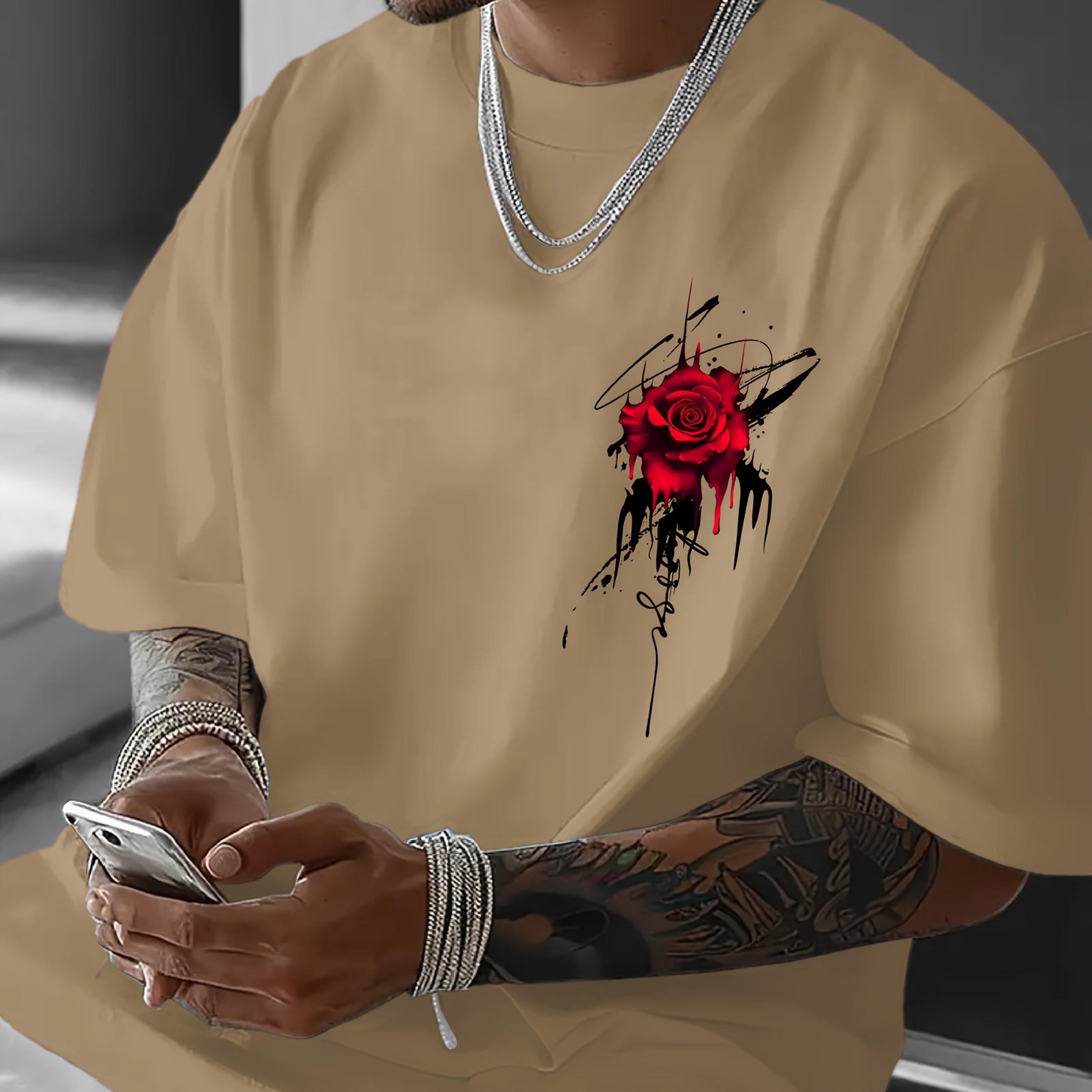 

Men s Summer 100 Cotton Fashionable Casual Sports Loose and Eye-catching Red Rose Printed Round Neck Short Sleeved T-shirt Top S