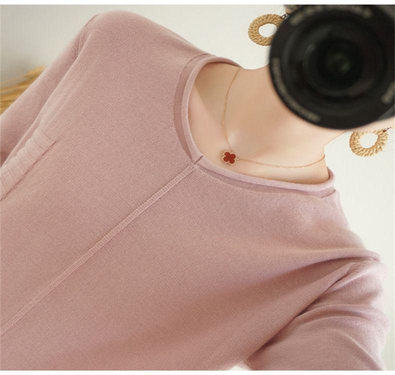 Baumwollpullover im koreanischen Stil mit gerolltem Saum und Rundhalsausschnitt für Damen, langärmlig und locker geschnitten