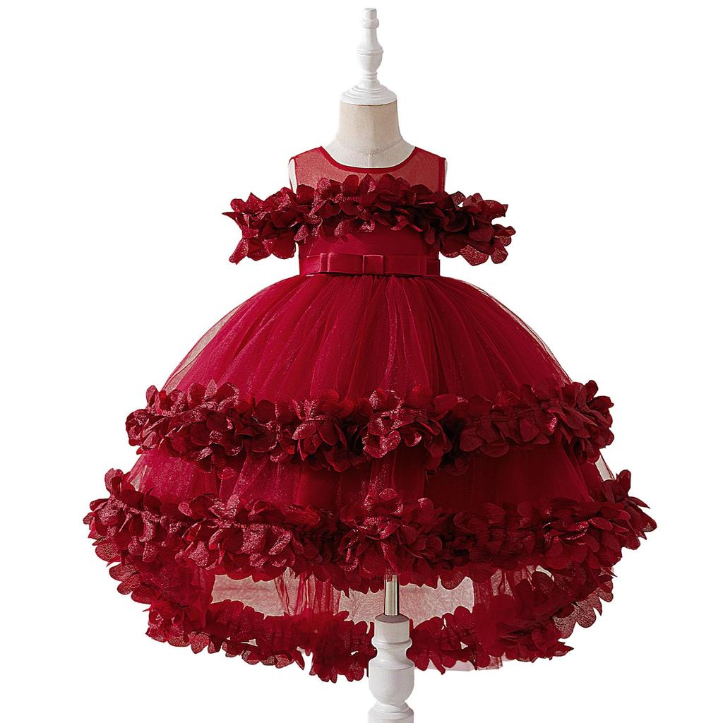 2026 Girls' Layered Flower Cake Dress: Birthday Mesh Princess Skirt, Fairy Lace Gown, Cotton