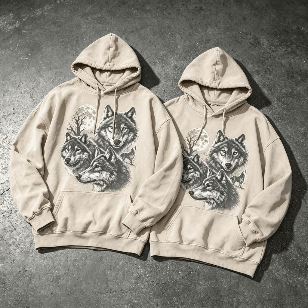 Long Sleeve Pullover Hoodie, Unisex Vintage Wolf Moon Graphic Print Cotton Sweatshirt, Loose Streetwear Hooded Top for Men Wome