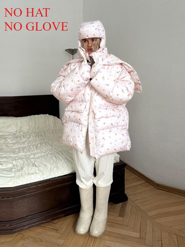 Women's Oversized Stand Up Collar Large Pocket Down Jacket Women's Winter Warm Fashionable Jacket Women's Hooded Printed Down Jacket 2025