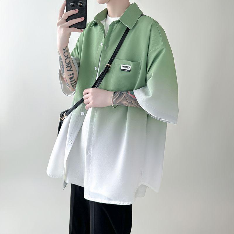 Summer Polo-neck Gradient Tie Dye Casual Shirt Men Half Sleeve Loose Fashion All-match Top Men Blouse