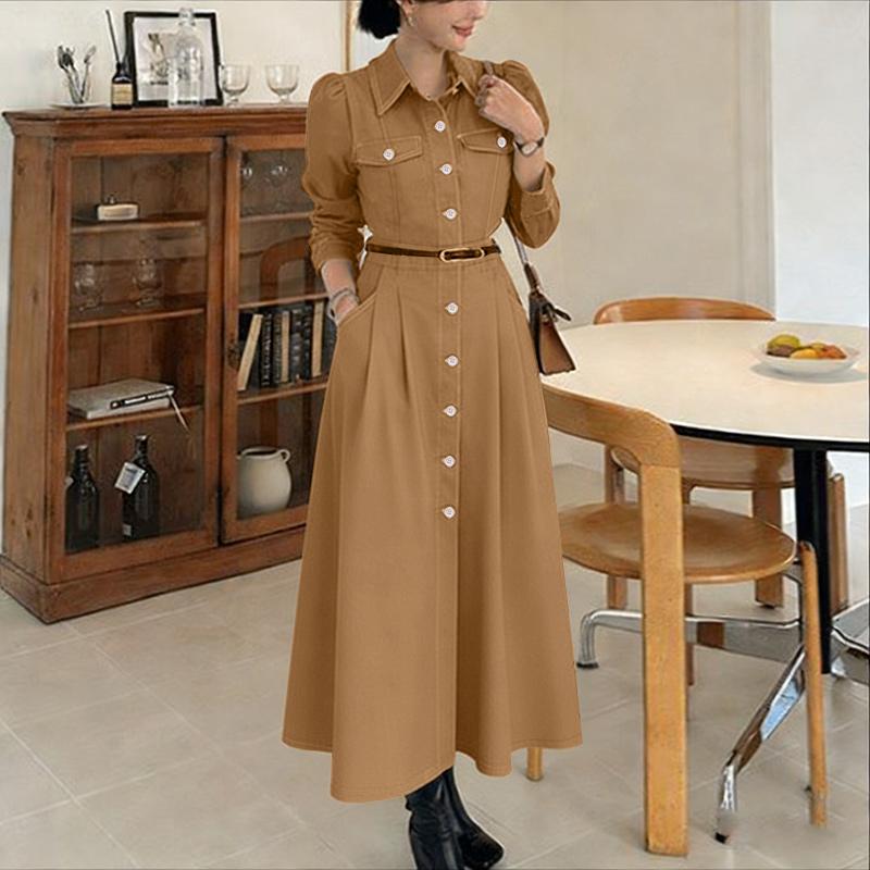 ZANZEA Lässiges Damen-Kleid mit Umlegekragen und langen Ärmeln