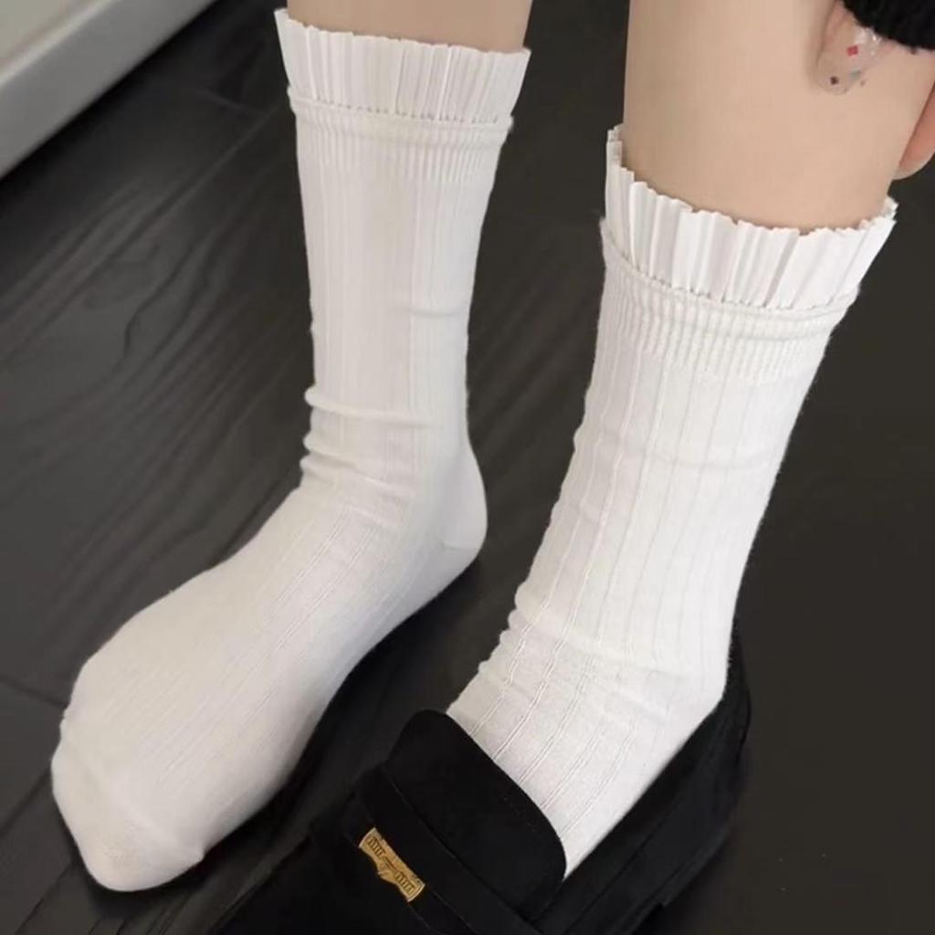 Miu Series Mary Jane Ballet Style Mid-Calf Double Needle Lace Socks for Women - Black & White, Versatile for Autumn & Spring.