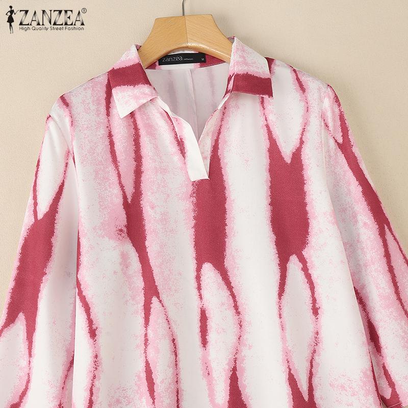 ZANZEA Women Print Casual Turn Down Collar Loose 3/4 Sleeve Long Dress