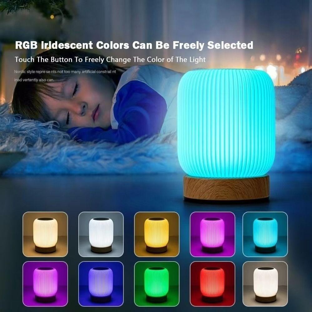 Wood Grain Base Touch Night Light 3 Color Temperatures Dimmable Bed Lamp Atmosphere Lighting