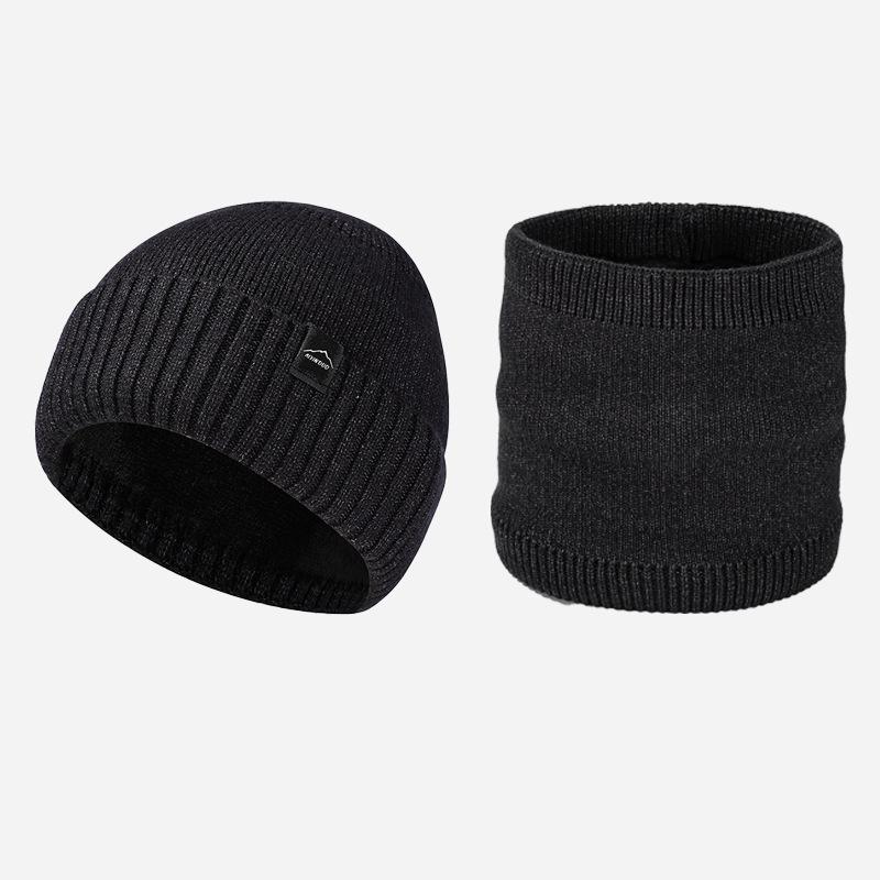 

Вязаная шапка шарф комплект мужская флисовая ветрозащитная теплая шерстяная шапка большая голова уличная шапка серый/чёрный