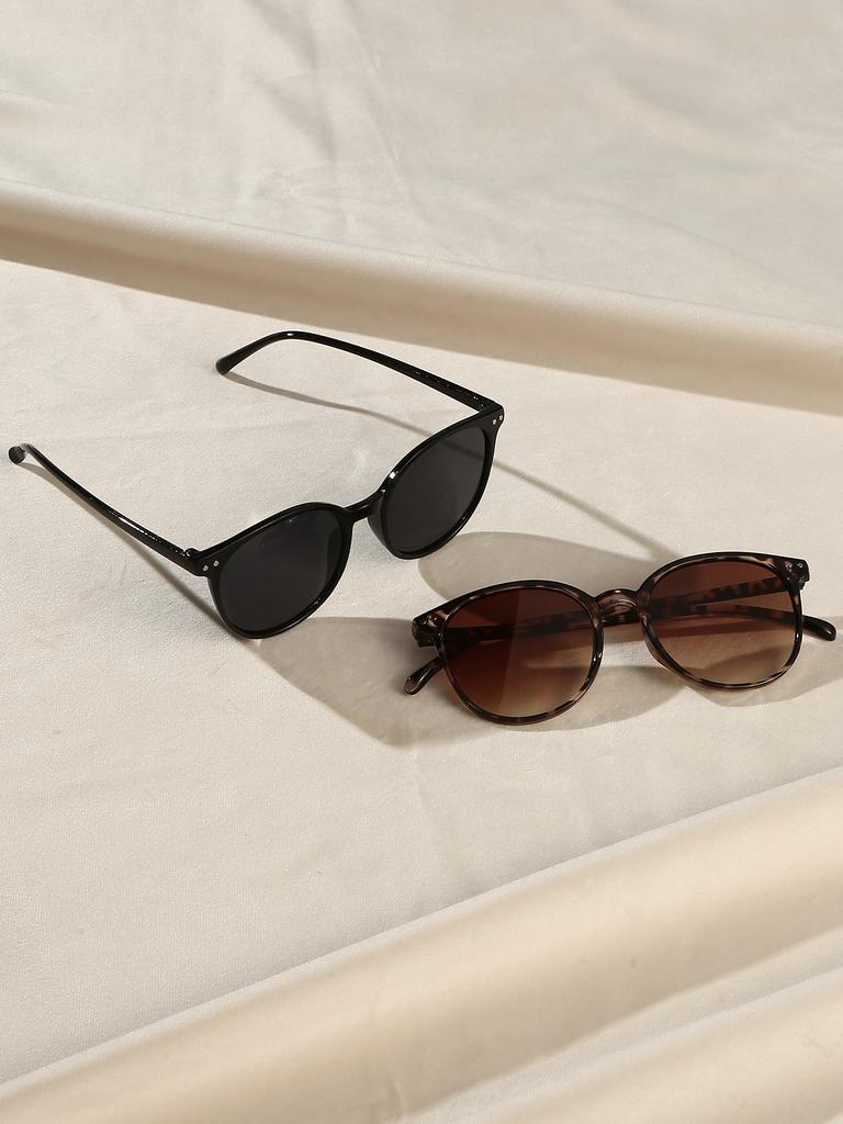 2Pcs Women'S Fashionable Round Frame Glasses Chic Black Tortoiseshell Combination Glasses Daily Wear Holiday Gifts