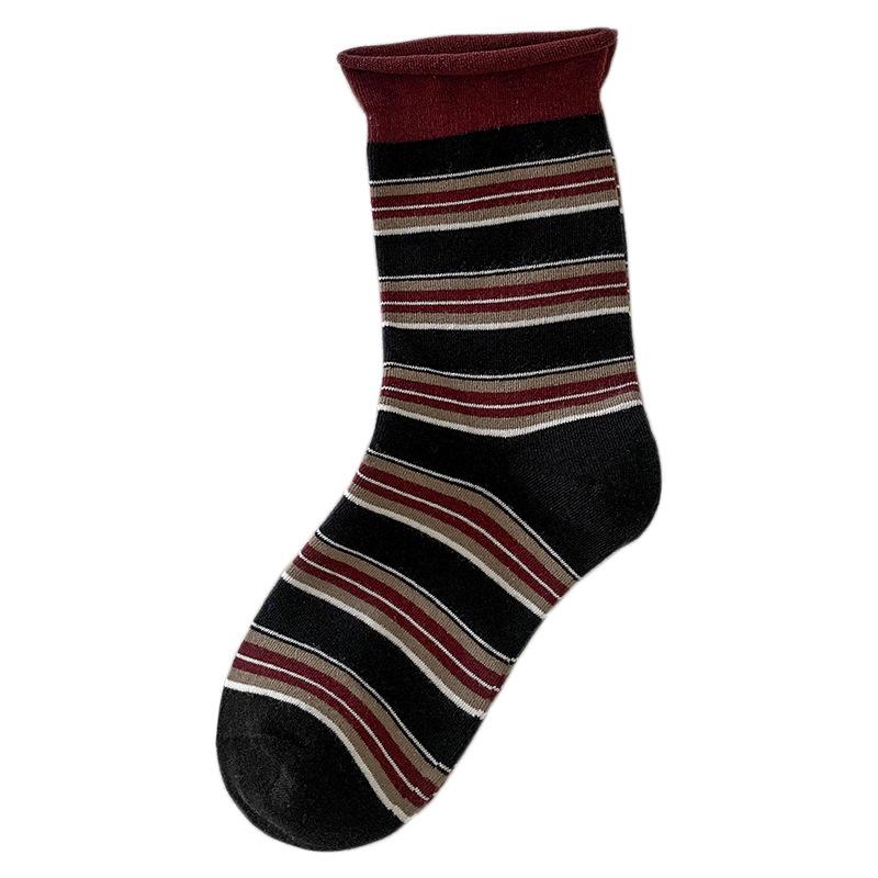 Socks Retro Hong Kong Style Striped Pure Cotton Medium Tube Socks Tide Season Boneless Crimping Color Matching Pile Socks Women