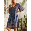 Women‘s V Neck Half Sleeve A-Line Maxi Dress Loose Fit Printed Bohemian Gown