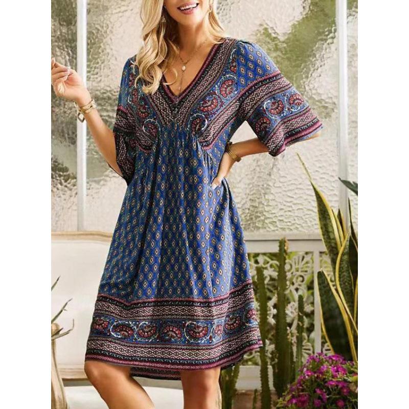 Women‘s V Neck Half Sleeve A-Line Maxi Dress Loose Fit Printed Bohemian Gown