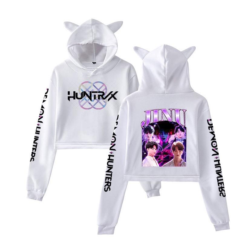 Kpop Demon Hunters Crop Tops Cat Ears Sweatshirt Long Sleeve Girls Fashion Hoodie Autumn Winter