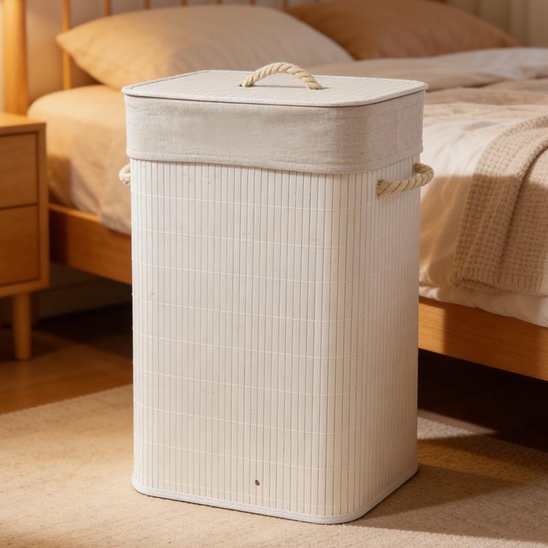 Large Bamboo Fabric Laundry Hamper with Lid - Foldable Bedroom Storage Basket