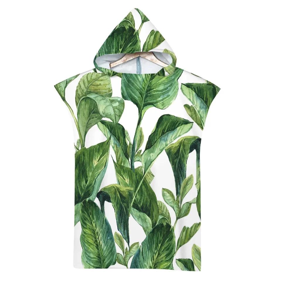 Leaf Pattern Microfiber Beach Towel Quick Dry Hooded Cloak Wetsuit Towels Adult Kids Parent-Child Poncho Bathrobe For Swim Surf