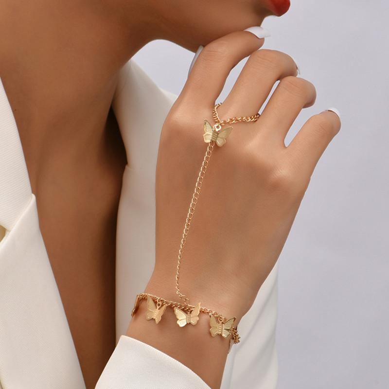 Vintage Gold Color Butterfly Adjustable Finger Bracelet for Women Originality Personality Geometric Crystal Bracelet Jewelry