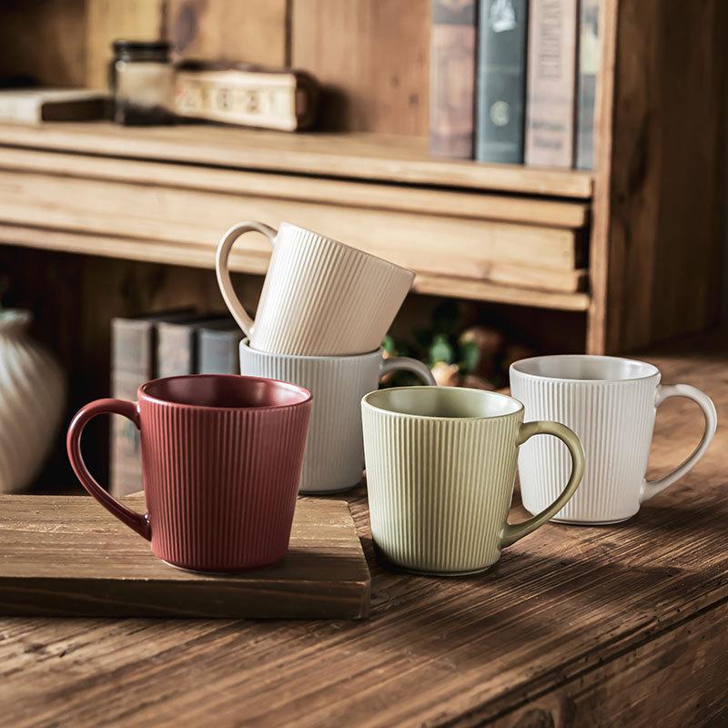 Japanese-Style Retro Relief Ceramic Cup Combination High Value Household Solid Color Matte Cup Breakfast Cup Coffee Cup Water Cup