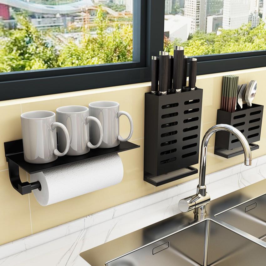 Punch-Free Aluminum Kitchen Roll & Paper Towel Holder - Black Wall-Mounted Storage Rack