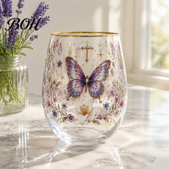 Sturdy Thickened Glassware Hummingbird Joy Tea Cup, Colorful Animal Tumbler, Floral Glass Decorative Flower Bird Cup Golden Rim, Artistic Water