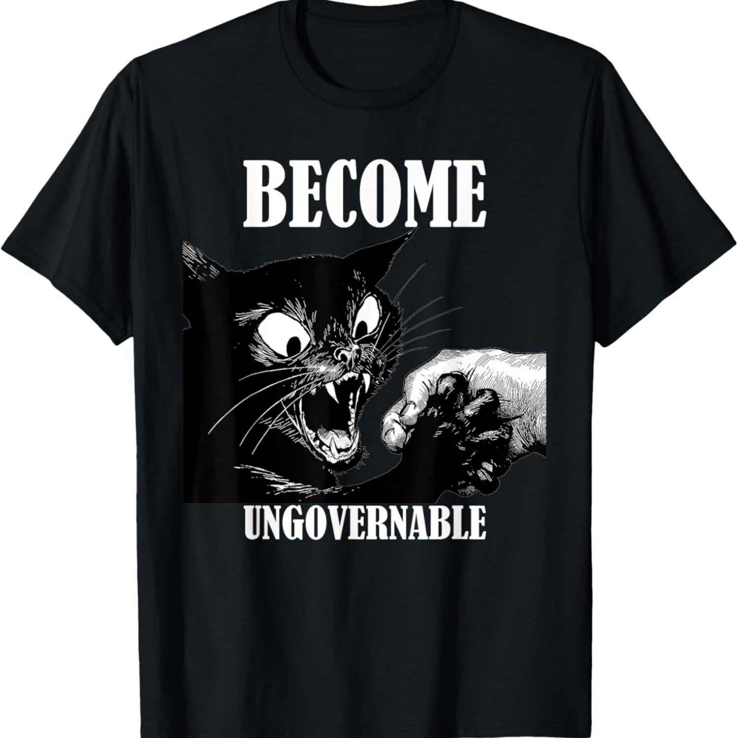 Become Ungovernable, Black Cat Biting Hand Funny Meme T-Shirt S чёрный