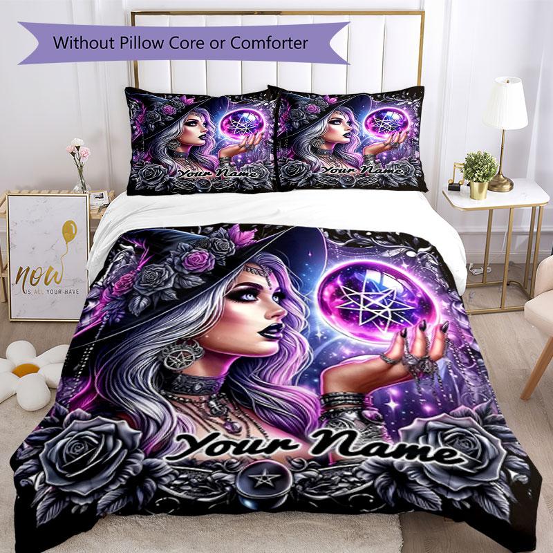 3PC Custom Name Witchcraft Magic Bedding Set Printed Bedding Set Duvet Cover Closure Includes 1 Duvet Cover & 2 Pillowcases for All Seasons Bedroom