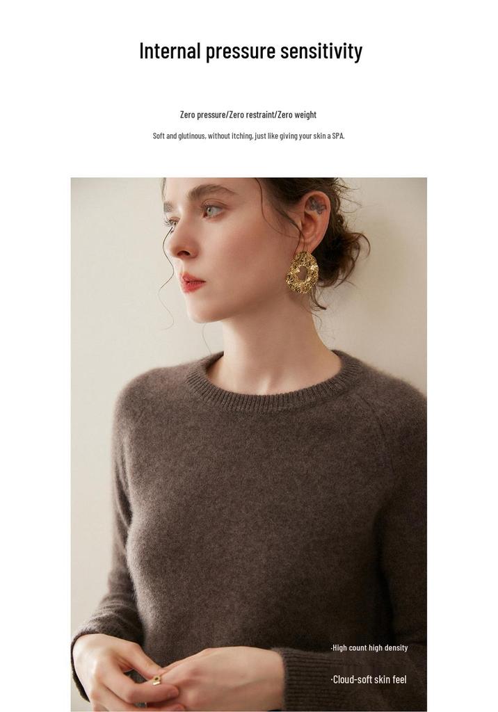 Women's Pure Cashmere Sweater - Round Neck, Loose Fit, Thickened Knit Base Layer with Raglan Sleeves, Skin-Friendly for Autumn/Winter.