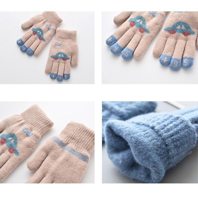 Children Gloves For 4-8 Years Boys Girls Winter Knitted Soft Warm Cartoon Car Full Finger Gloves