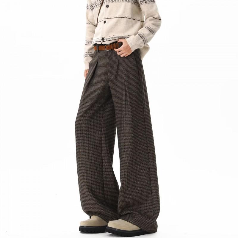 Womens High-Waisted Straight Leg Trousers With Houndstooth Stripe Lightweight Pleated Wide-Leg Pants Office Casual