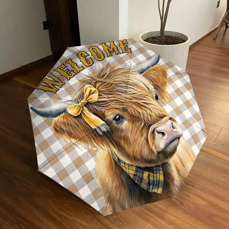 

Highland Cow Plaid Checkered Welcome Sign with Bowtie - Auto Open Close Umbrella, Portable Tri-Fold Design, 8-Bone Iron Frame Outdoor Umbrel