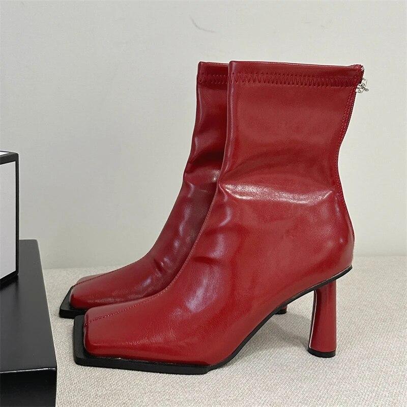 Eilyken Podzimní útulné měkké kotníkové boty z PU kůže Dámské Elegantní hranatá špička Jehlové podpatky Módní Zip Dámy Párty Moderní Boty