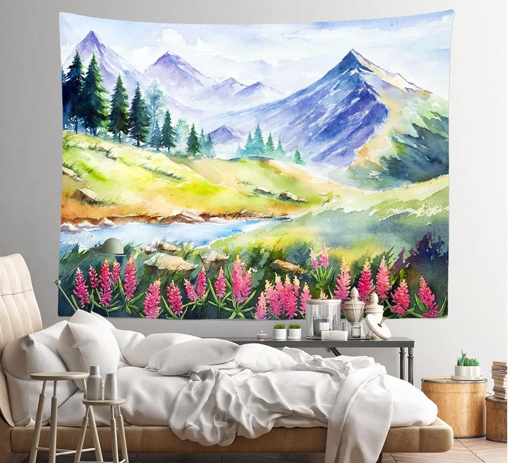 Loccor Mountain Watercolor Tapestry Spring Scenery Wall Tapestry Mountain Lake Forest Tapestries Nature Wall Art for Home Office