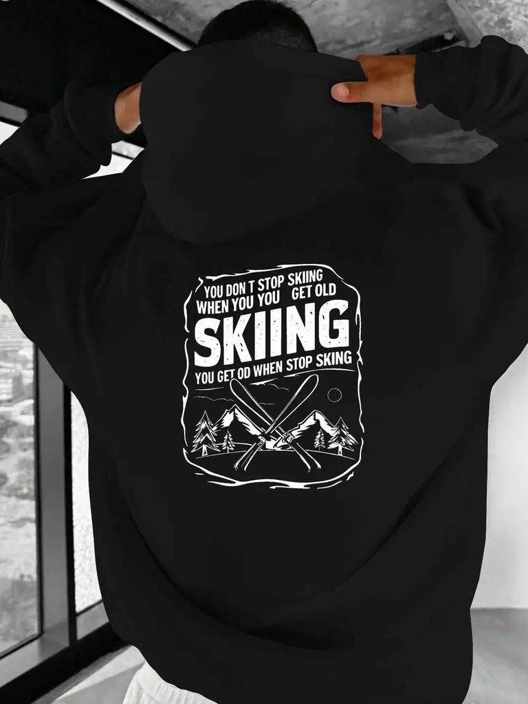 Felpa con Grafica Montagna da Sci - Pullover Casual Nero con Stampa "Non Smetti di Sciare Quando Diventi Vecchio"