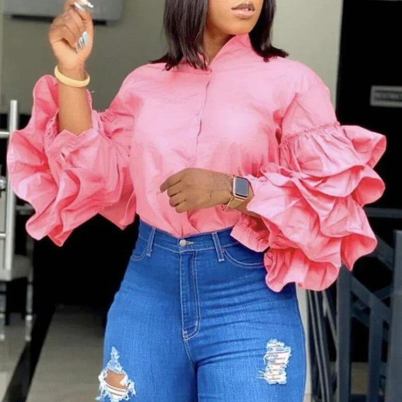 

Модная элегантная простая кружевная блузка с воротником-стойкой, женская офисная 2023, многослойная расклешенная рубашка с длинными рукавами и рюшами, свободные топы 30020 L розовый