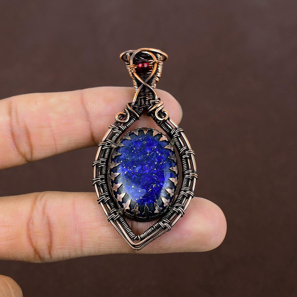 Natural Lapis Lazuli,Garnet Stone Handmade Copper Wire Wrap Pendant 2.56" I2Y10