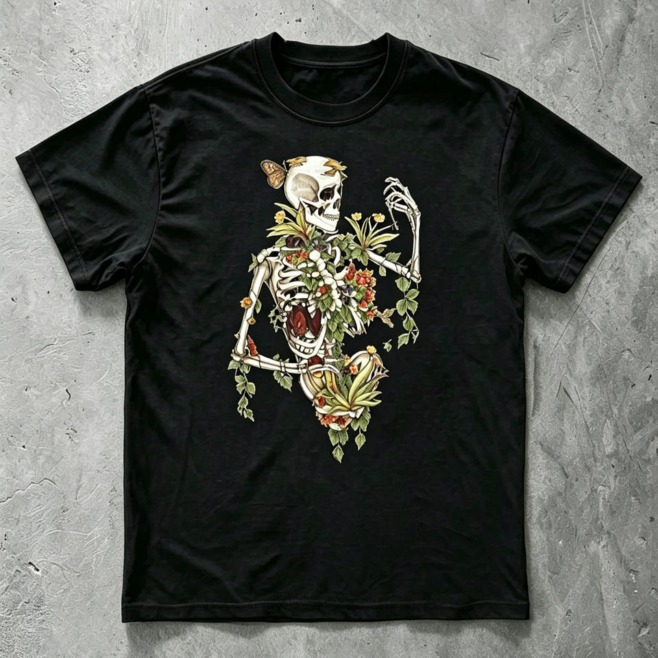 Men Women Vintage Graphic T‑Shirt Floral Skeleton with Plants Butterfly Art Print Short Sleeve O‑Neck Gothic Streetwear Tops