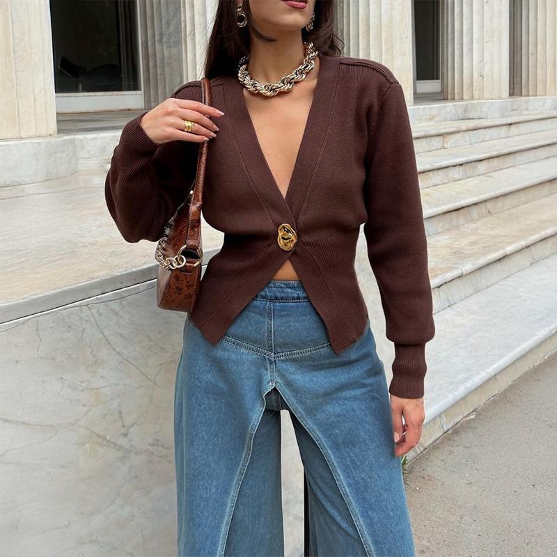Wine Red V-Neck Knitted Cardigan with Gold Button  Slim Fit Long Sleeve Sweater Top S