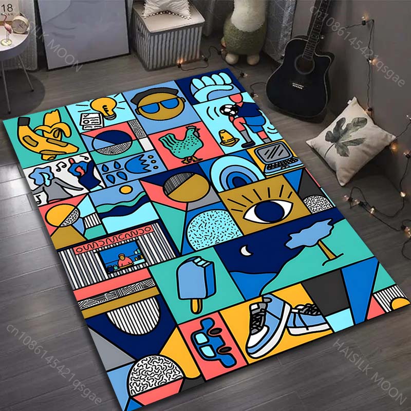 Grid Cartoon Picture Print Carpet for Living Room Bedroom Bedside Sofa Floor Mat Modern Home Decor Aisle Corridor Area Rug
