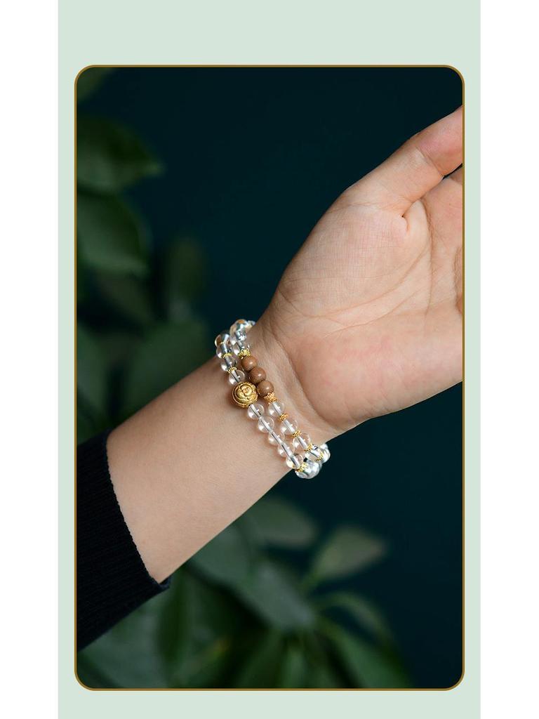 Natural White Crystal & Sandalwood 925 Silver Wealth Bead Double-Strand Bracelet