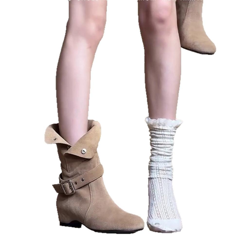 Lan Cabinet Home~ Retro Maillard Fold Two Wear Short Boots Women's Inner Height Increasing Belt Buckle Skinny Western Cowboy Boots