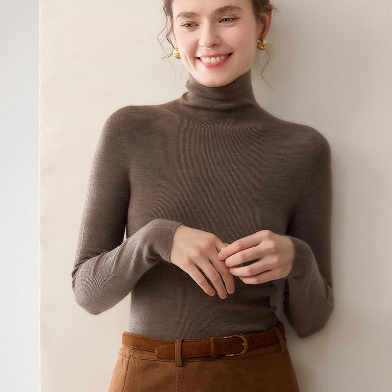 Damen Schlank Geschnitten Hoher Kragen Nahtlos Gestrickter Wollpullover - Langarm Basisschicht für Herbst und Winter