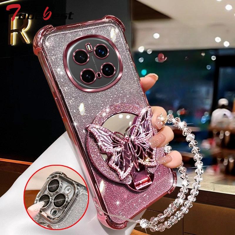 Glitter Butterfly Mirror Crystal Bracelet Case For Huawei Honor Magic 7 6 5 4 3 Pro Shockproof Plating Silicone Cover