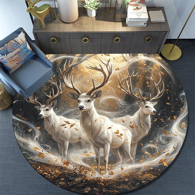 Enchanted Forest Deer Round Area Rug,Carpet Rug for Living Room Bedroom Sofa Playroom Decor,Non-slip Floor Mat