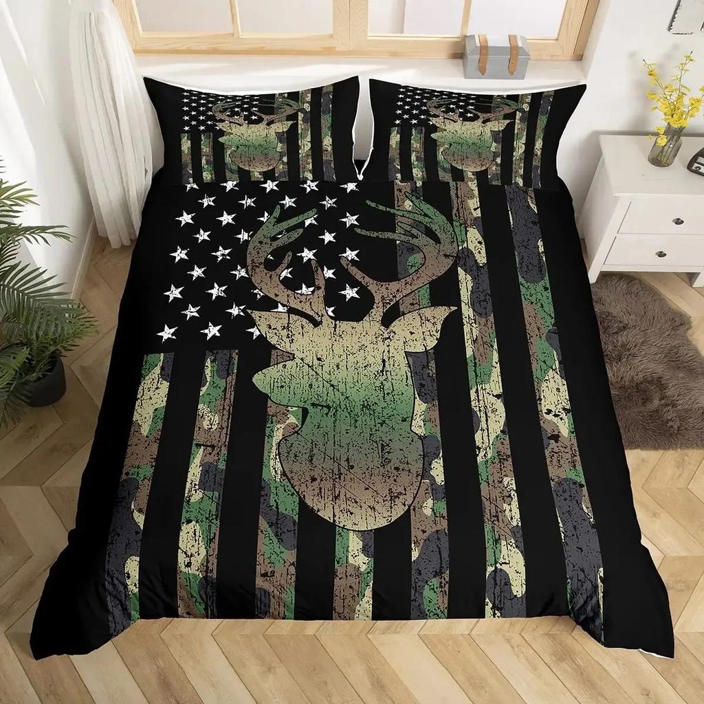 Jungen Armeegrün Bettbezug Set Doppel King Size, Klassisches Camouflage Bettwäscheset, USA Soldat Silhouette Bettdeckenbezug Steppdeckenbezug