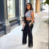 Women's Elastic High Waist PU Leather Wide Leg Pants Solid Color Pearl Split Hem Flare Leather Trousers With Pockets