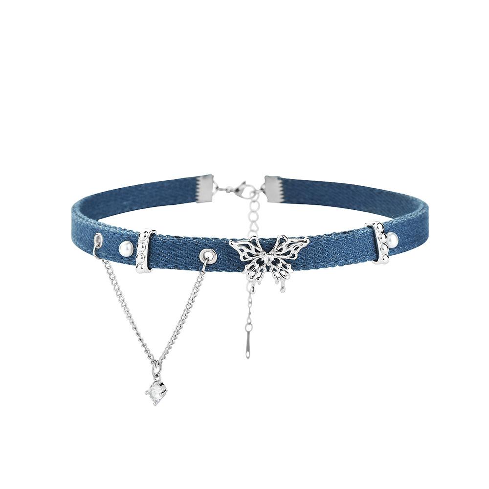 Butterfly Tassel Denim Series High Sense Love Necklace Retro Blue Choker Collarbone Chain Collar